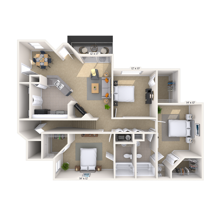 Floor plan for 3 beds, 2 baths, 1444 sqft